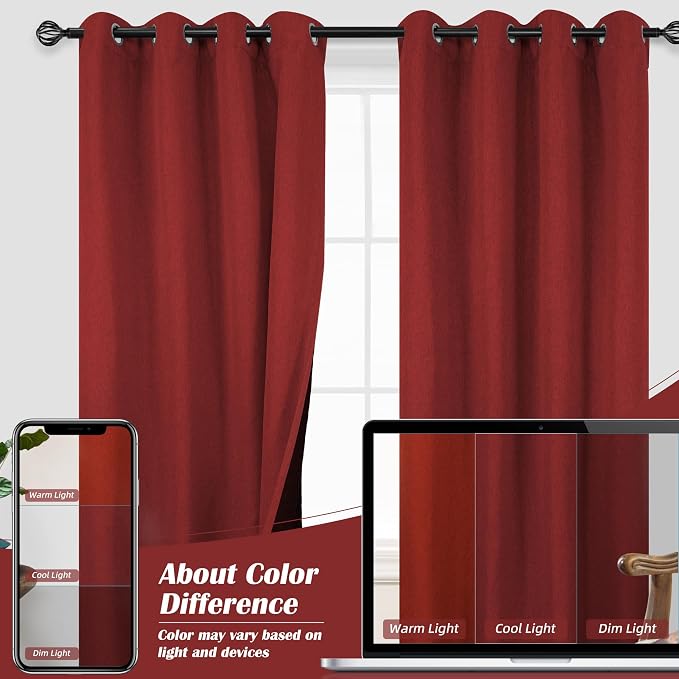 DriftAway Blackout Soundproof Thermal Insulated Linen Textured Curtains with Quilted Thermal Lining for Cold and Heat Blocking Noise Reducing Daytime Sleep 1 PC 52 Inches by 84 Inches Red