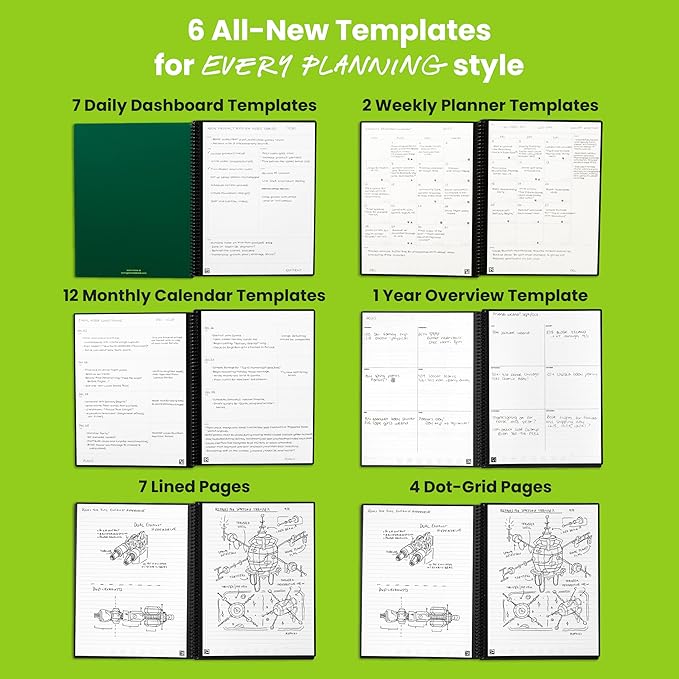 Rocketbook Flex Reusable Planner, Smart Undated, Daily, Weekly, Monthly, Annual Calendar Templates, Executive Size 6X8.8, Green (Pack of 1)