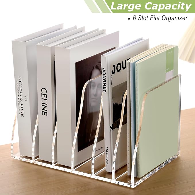 SANRUI Acrylic Desk File Organizer, Clear Magazine File Holder 6 Slot | Vertical Workspace Sorters, Folder Rack for Office Accessories Organization Storage