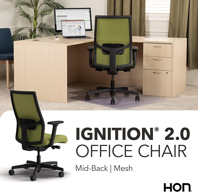 HON Ignition 2.0 Mid‑Back Ergonomic Office Chair, Mesh Task Seating with Lumbar Support, Advanced Synchro‑Tilt, Height and Width Adjustable Arms, Black Frame, Pear
