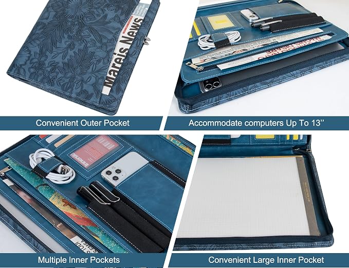 Free Engraved Name, Personalized Portfolio, PU Leather Resume Zippered Padfolio, Business Document Organizer Folder with A4 Notepad Holder, Custom Printing Gift for Woman/Men, Customized(Dark Blue)