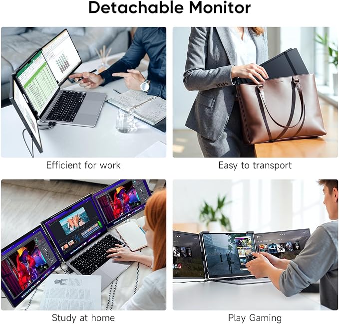 14" FHD 1200P IPS Laptop Screen Extender | Triple Portable Monitor, Plug & Play Dual Screen, Fits 14"-17.3" Laptops, Compatible with Win, Mac, Android&Chrome OS