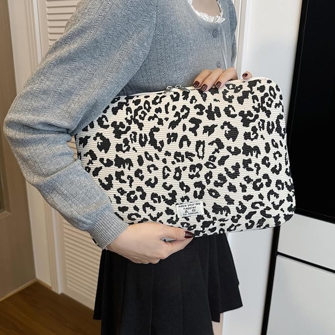 Leopard Print Laptop Case 11, 13,15 Inch Quilted Laptop Sleeve Soft Protective Cheetah Computer Sleeve for MacBook (Beige, with Strap, 15 Inch)