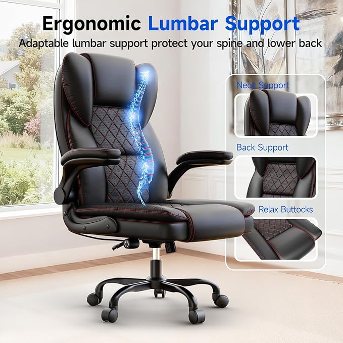 naspaluro Ergonomic Office Chair, Executive PU Leather Chair, Computer Desk Chair with Adjustable Lumbar Support Flip-up Arms, Executive Task Chair, Office Chairs for Home Office, Big and Tall, Black