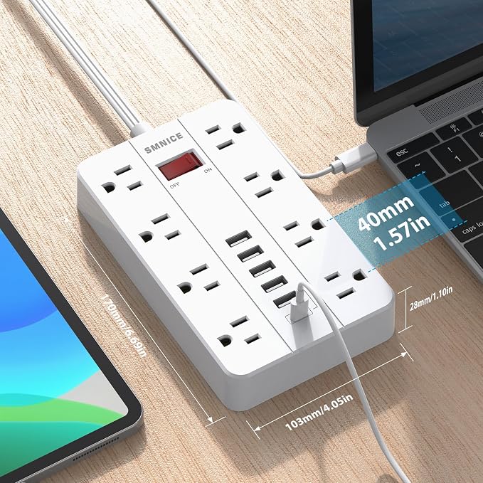 Power Strip Extension Cord, SMNICE Flat Plug Long Extension Cord 10 Ft with 8 Widely Spaced Outlets 6USB(1 USB C) Charging Station, Wall Mount for Dorm Home, Office Accessories,White
