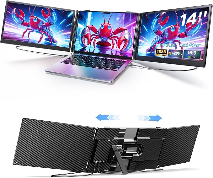 Laptop Screen Extender, Triple Screen Laptop Monitor Extender for 13”-17.3” Laptop, 14” 1080P FHD IPS Portable Monitor with 100% sRGB, Plug & Play Monitor Extension for Business Travel,Coding & Gaming