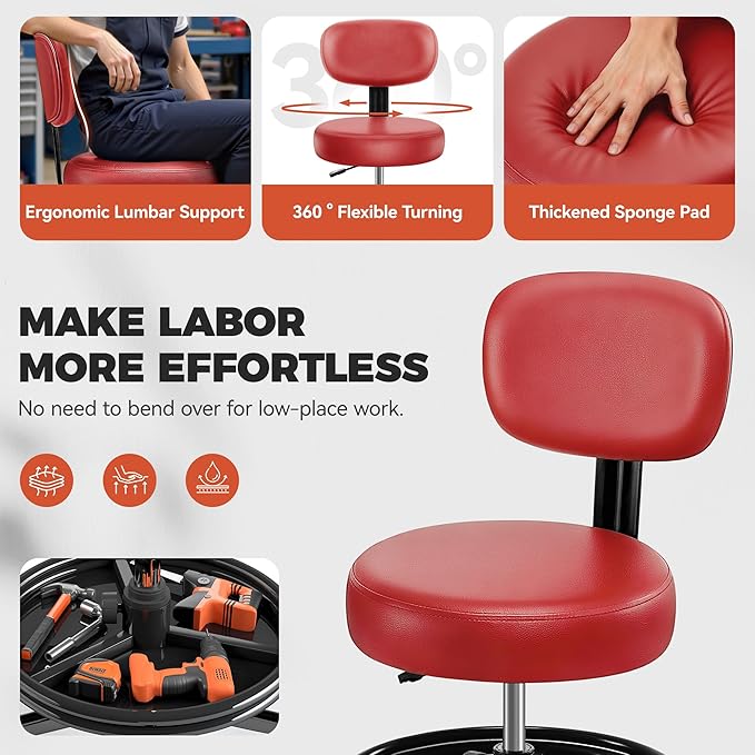 Shop Stool with Wheels for Garage, Mechanics Rolling Chair with Backrest, Adjustable Height Heavy Duty Garage Stool with Footrest and Storage Tray, Swivel Task Chair for Workshop Kitchen Salon (Red)