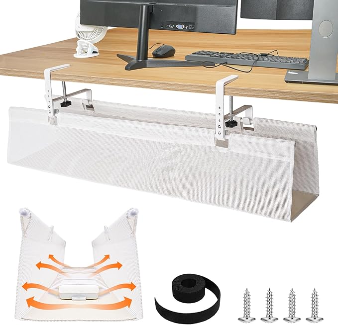 SHUWEI 36" Under Desk Cable Management Tray, Premium Mesh Cable Management for Desk, Clamp/Screw Mount Cable Tray for Office and Home (White, 35.6" L)