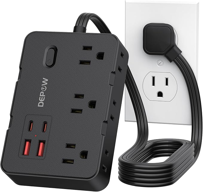 DEPOW Surge Protector Power Strip with Flat Plug, 5 FT Extension Cord with 6 AC Outlets 4 USB Ports(2 USB-C),1050J Surge Protection, Wall Mountable Charging Station for Office, Home, Black