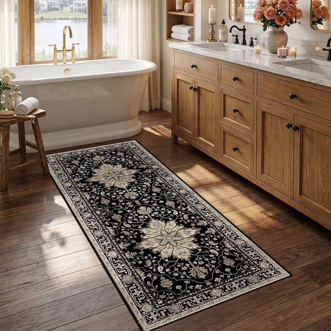 RELEANY Area Rugs Runner 2'6"x5' Washable Non-Slip, Floral Vintage Distress Medallion Carpet for Kitchen Hallway Bedroom Beside Laundry Room Bathroom, Black Brown Neutral Dark Tan