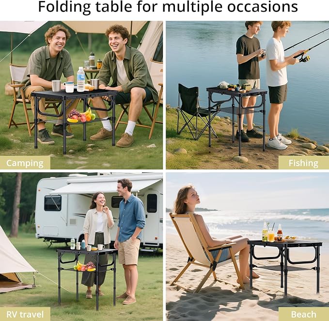 Anbte 2ft Folding Camping Table with Storage Net, 3 Adjustable Heights Small Folding Table Lightweight & Portable with Carry Handle, for Camping, Fishing, Picnic, Beach, Outdoor, 22.8" x 15.7", Black