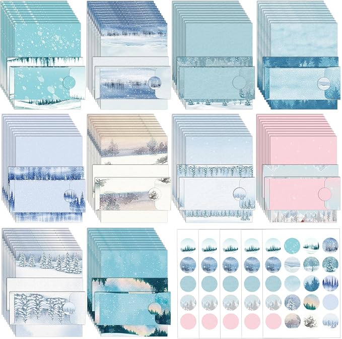 250Pcs Christmas Winter Stationery Paper and Envelope Set with 100 Letterhead Papers and 50 Envelopes, 10 Design for Letter Writing Invitations Computer Holidays Party Notes, 8.5x11 Inch-Snowy