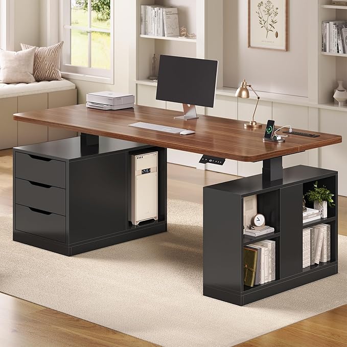 SEDETA Modern Electric Standing Desk, 63" Height Adjustable Computer Desk with 3 Drawers, Storage Shelves, Power Outlets, Wood Home Office Stand up Desk for Work, Study, Writing, Black+ Brown