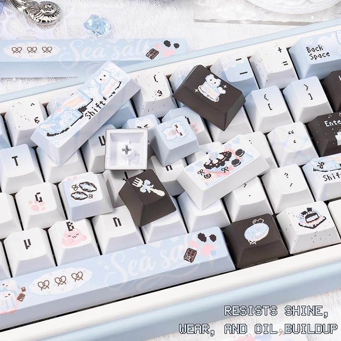Cherry Profile PBT Keycaps - Cute Cat Keycaps, 145 Keys Blue White, Kawaii Anime Custom Keycap Set for US UK Layout Mechanical Keyboards with Key Puller（Pixel Art Style）