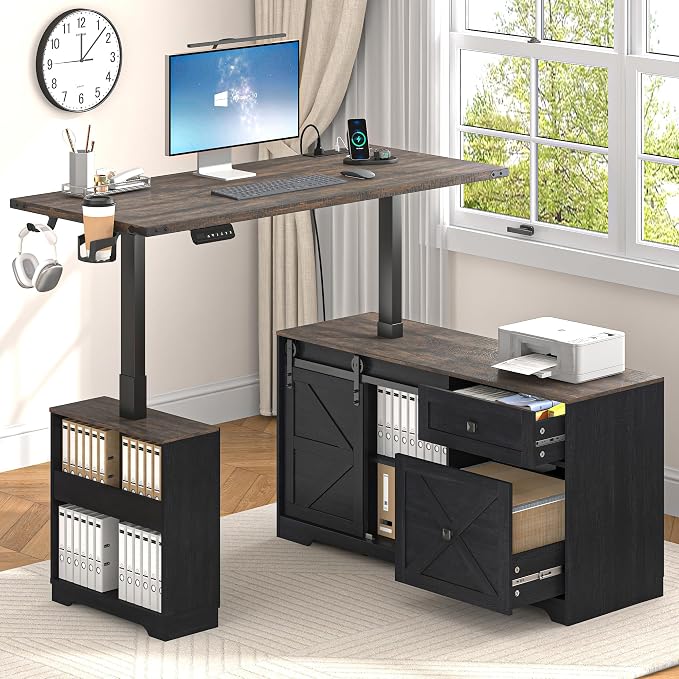 St.Mandyu L Shaped Electric Standing Desk 55" Black with Power & Storage | File drawer, sliding door cabinet, cup holder, height adjustable, sturdy wood frame, home office for work/study/writing