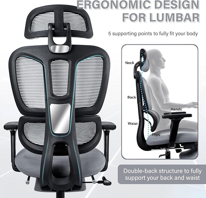 Ergonomic Office Chair with Retractable Footrest, Dark Grey | High Back Design, Dynamic Lumbar Support, 2D Headrest & 4D Armrests, Breathable Mesh Back for Home Office