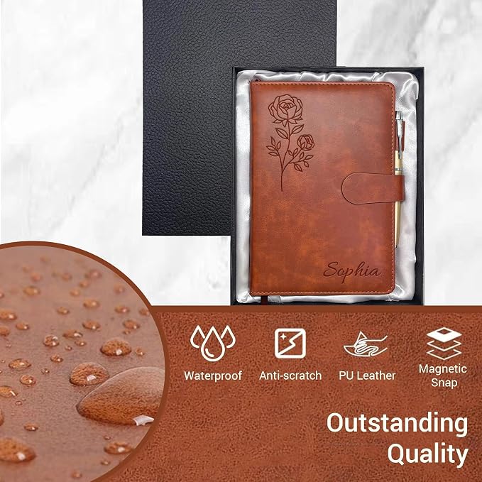 Personalized Leather Journal with Gifts Box & Pen, Custom Notebooks Diary with Engraved Birth Flower Name, Birthday Gifts for Women, Christmas Office Gift for Bridesmaid Students Teacher Mom Friend