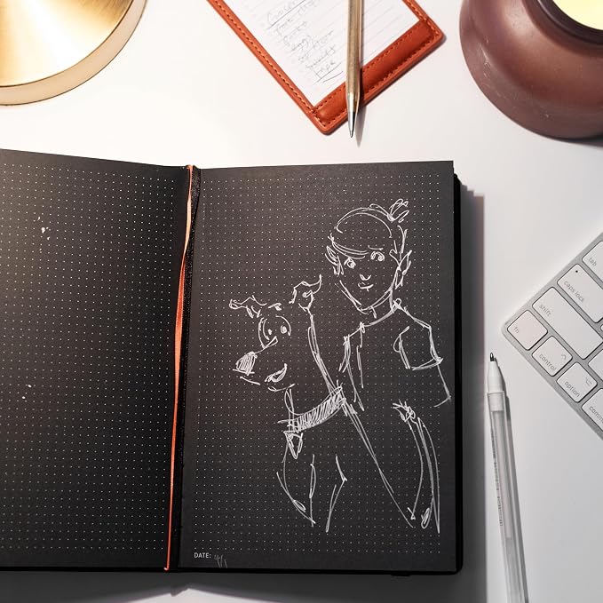 Notsu Pitch Black Paper Notebook A5 Dotted Journal | Minimalist Bullet Dot Grids with 160 Black Pages of Premium Thick 150gsm Paper, Vegan Leather Hardcovers