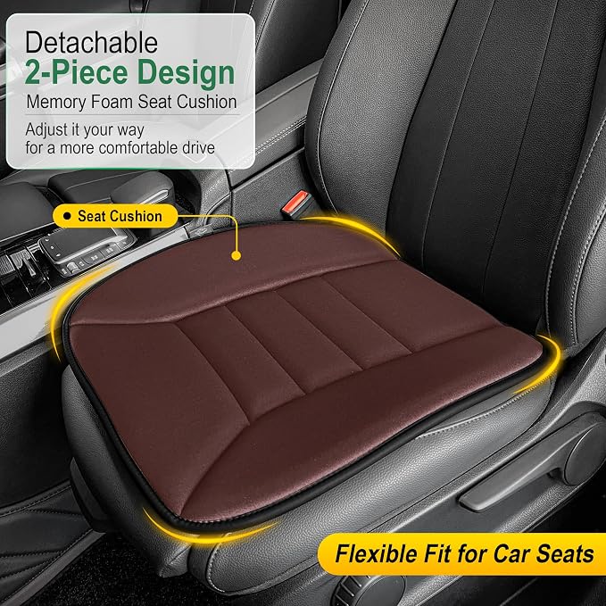 kingphenix 3-Piece Memory Foam Car Seat Cushion Set for Driving Comfort | 2 Front Seat Cushions and 1 Rear Bench Pad, 1.2-Inch Memory Foam, Non-Slip Bottom for Sedan, SUV, Truck and Van, Brown