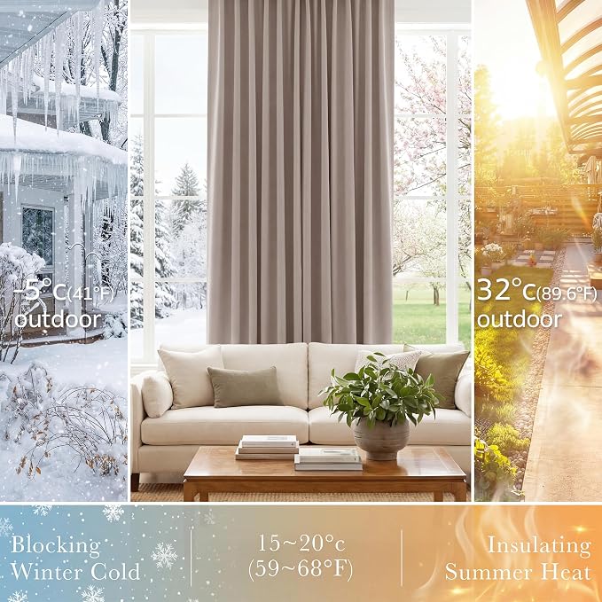 PONY DANCE Blackout Curtains Thermal Insulated Window Treatment Panels Room Darkening Blackout Drapes for Living Room Back Tab/Rod Pocket Bedroom Draperies, 52 x 54 Inch, Light Taupe, 2 Panels