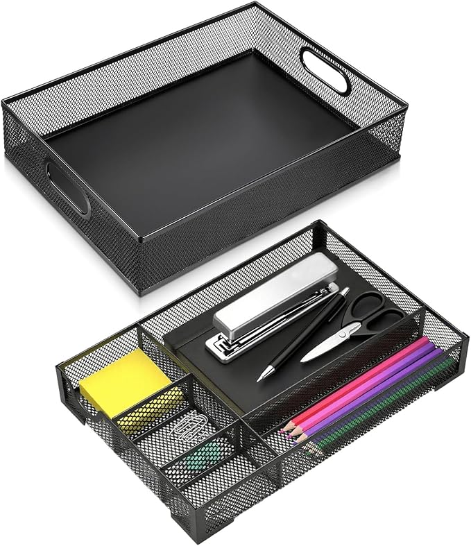 2 Pack Desk Drawer Organizer, Metal Mesh Drawer Organizer Tray for Office Home Supplies