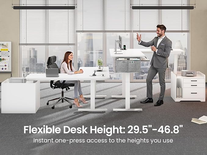 SEDETA L Shaped Electric Standing Desk with File Cabinet, 63 x 53'' Height Adjustable Home Office Computer Desk with Drawers, Power Outlet, Stand up Gaming Table with Led Lights, Keyboard Tray, White