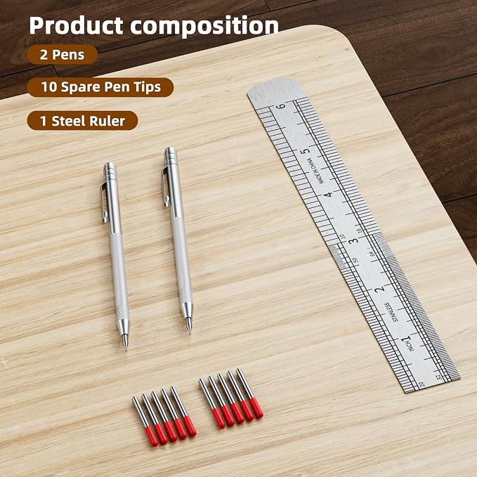 GCHMDE 2-Pack Tungsten Carbide Scriber, Metal Scribe Tool with 25 Replacement Marking Tips & Steel Ruler - Knurled Aluminum Handle & Magnet, Engraving Pen for Glass/Ceramics/Metal Sheet (2)