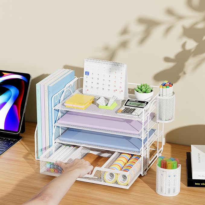 Marbrasse 4-Tier Paper Tray Organizer with Drawer and Pen Holder, White | Metal Mesh Desk Organizer, Built-in Drawer & 2 Pen Slots, fits letters/Files, for School Home Office Supplies