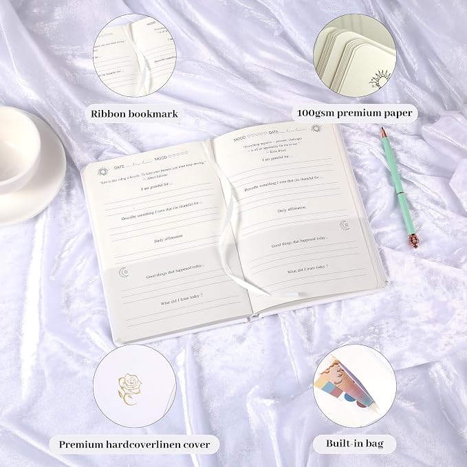 Yoment Gratitude Journal for Women Self Care Journal for More Happiness with Prompts for Mindfulness, Mental Health, Productivity & Self Care, 5 Minute Reflection for Positivity and Gratitude, White