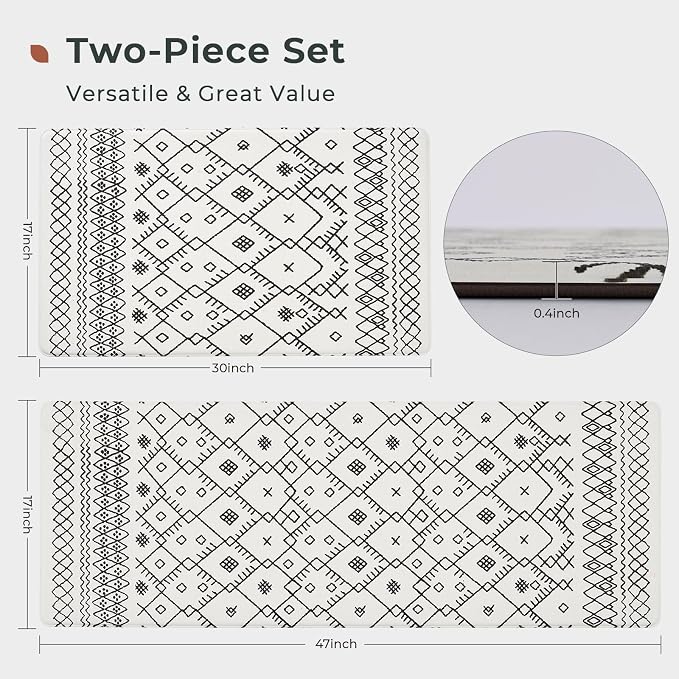 FRESHMINT Moroccan Kitchen Mat Set 2 Piece, 17x30''+17x47'', Bright White | Anti-Fatigue, Non Slip, Comfort, Kitchen Decor, Easy to Clean, Waterproof, Perfect for Kitchen, Laundry, Office