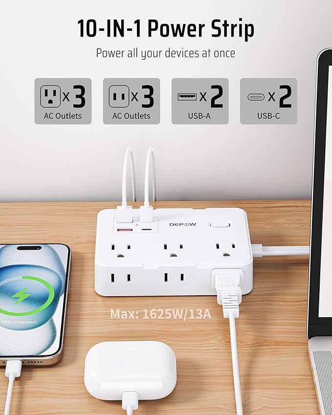 DEPOW Surge Protector Power Strip with Flat Plug, 10 FT Extension Cord with 6 AC Outlets 4 USB Ports(2 USB-C),1050J Surge Protection, Wall Mountable Charging Station for Office, Home, White