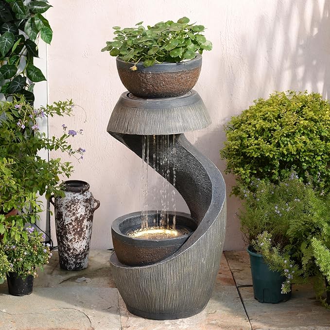 Sunlinua 31.9" S-Shaped Water Outdoor Fountain–Modern Cascading Waterfall Feature with LED Lights & Planter Bowl, Garden Fountains Outdoor for Patio, Balcony, Yard or Home Decor, Resin Waterfall
