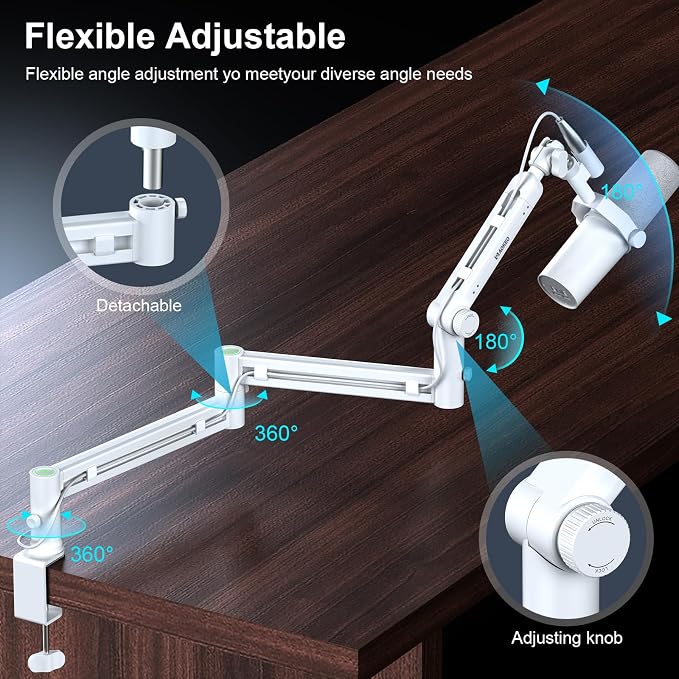 Microphone Arm,Aokeo AK-58i Desk Low Profile Mic Boom Arm Stand,Suitable For Blue Yeti,Snowball iCE,HyperX QuadCast,SoloCast,Elgato Wave,Etc（White）