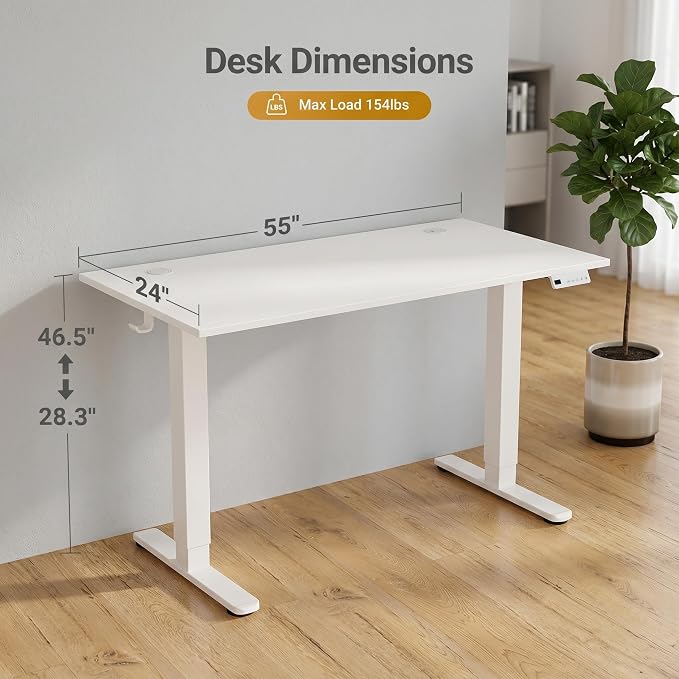 Claiks Electric Standing Desk 55x24 Inch Adjustable Desk, White | 156lbs weight capacity, 3 memory presets, industrial steel frame, cable management hub, adjustable height , easy assembly