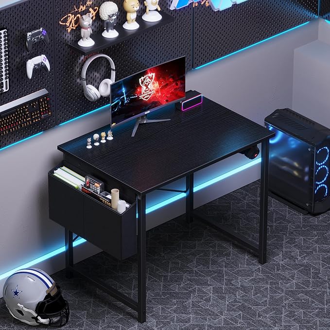 OLIXIS Small Computer Desk, 31 Inch Home Office Desks, Writing Study Craft Work Gaming Table, Computer Workstation for Small Spaces with Storage Bag and Headphone Hook for Bedroom, Black