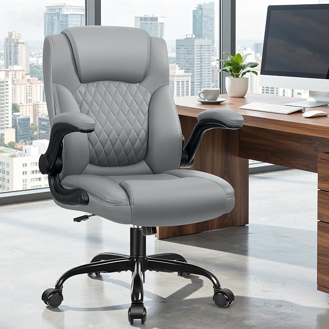 Ergonomic Office Chair, Adjustable Leather Computer Chair with Flip-Up Armrests & Lumbar Support, 275 lbs Capacity, 360° Swivel Task Chair for Home Office, Gray