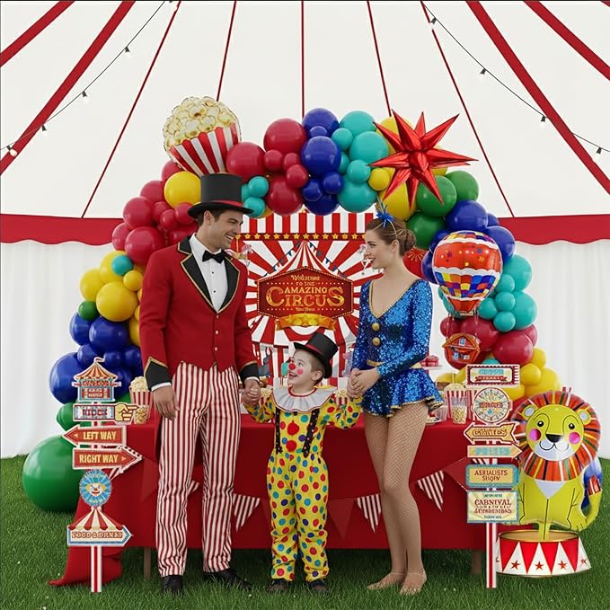 Circus decorations include Red Blue Yellow Balloon garland kit & foil hot air popcorn lion balloons & striped banner & Backdrop road sign paper for carnival circus theme party decorations