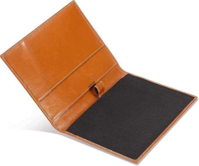 HISCOW Slim Leather Junior Padfolio, 5x8 Notepad Cover, Antiqued Brown | Full-grain buffalo leather, top-loading legal pad holder, rigid pen loop, quick-access card slot, zipperless boardroom design