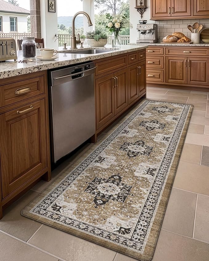 DEXI Kitchen Floor Mats Cushioned Anti Fatigue, 23x86 Long Rubber Standing Comfort Runner Rug, Waterproof Retro Floral Memory Foam Padded for Front Sink Laundry, Black and Brown