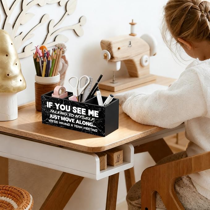 Funny Office Pen Holder for Desk, If You See Me Talking to Myself Team Meeting Black and White Pencil Organizer Wooden Box Sign for Office Workplace Home Decoration