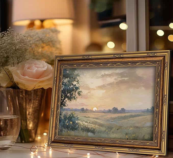 Vintage Gold Framed Wall Art Retro Fall Sunset Country Oil Painting Canvas Prints Watercolor Autumn Landscape Picture Rustic Farmhouse Soft Nature Poster Artwork for Living Room Bedroom, 16x24in