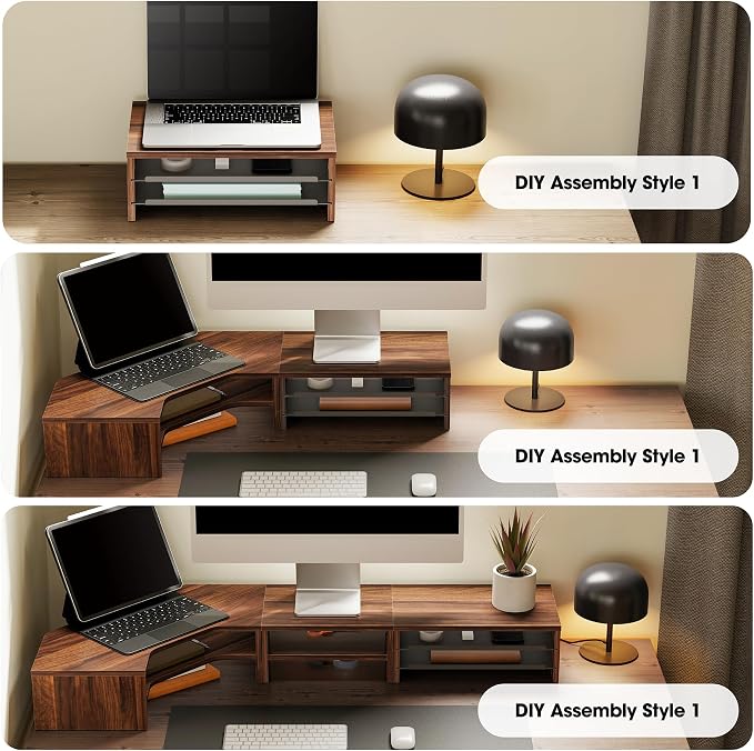 Fenge 14.3-Inch Monitor Stand with Slide-Out Trays, Wood & Metal Desk Shelf | 3-Tier Space-Saving Desk Storage Organizer, Fits Computer, Laptop, Printer and Telephone