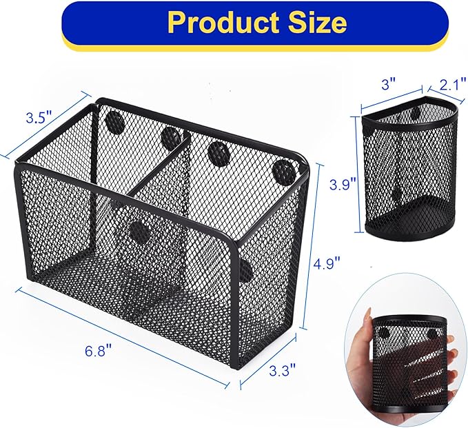 BEYGORM Magnetic Dry Erase Marker Holder for Whiteboard, Mesh Pen & Pencil Holder for Refrigerator, Strong Magnetic Basket for School Locker, Office & Classroom Organizer (Black, 3-Pack)