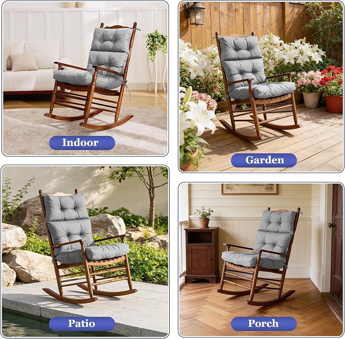 Rocking Chair Cushion, Waterproof and Fade-Resistant Adirondack Rocker Cushions, Indoor/Outdoor Rocking Chair Pads, High Back Memory Foam Patio Furniture Cushions with Ties, 44x23x4 Inch, Light Grey