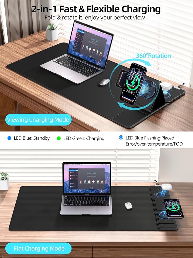 Mouse Pad with Magnetic Wireless Charger & Adjustable Phone Stand | 31.5"x15.8" Full Desk Coverage Mousepad, Waterproof Ultra-Smooth Desk Mat, Non-Slip Base, Black