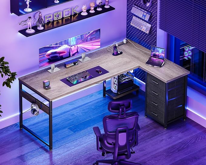 AODK 61" L Shaped Gaming Desk with 4 Drawers and Power Outlets, Grey | USB Ports, PC Tower Stand, Hooks, Reversible Corner Layout for Gaming Rooms, Bedrooms and Home Office