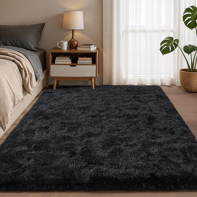 Zentavio Black Area Rugs for Living Room Bedroom 4x6 Men Room Carpet Fluffy Furry Shag Aesthetic Plush High Pile Floor Rug for Nursery Kids Room Dorm Home Decor