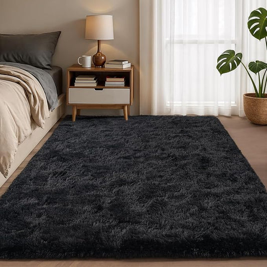 Zentavio Black Area Rugs for Living Room Bedroom 4x6 Men Room Carpet Fluffy Furry Shag Aesthetic Plush High Pile Floor Rug for Nursery Kids Room Dorm Home Decor