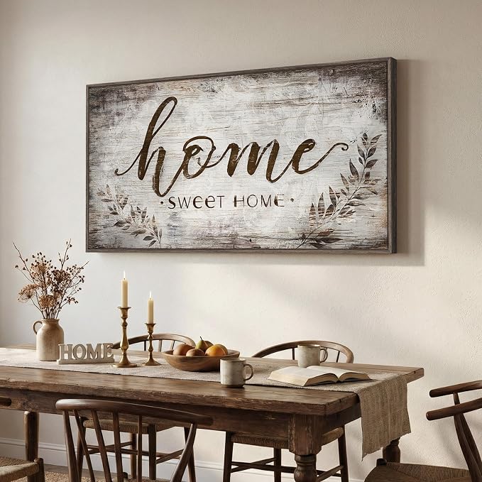 Large Framed Home Sweet Home Wall Art for Living Room, Vintage Rustic Brown Canvas Artwork for Walls, Family Sign Farmhouse Horizontal Painting Print Wall Decor for Bedroom Hallway Office, 30x60 Inch