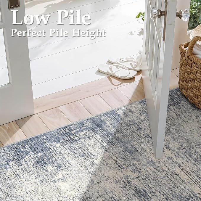 3x8 Hallway Washable Runner Rug - Non-Slip Kitchen Rugs with Rubber Backing Abstract Neutral Low-Pile Carpet Runners for Laundry Room Home Decor Bedroom Bathroom Entryway (Blue Gray,3x8)